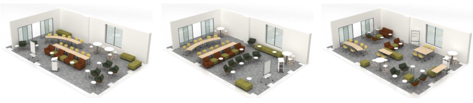 Three example furniture layouts for the Cox Classroom
