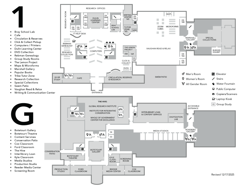 Floorplans for the ground and first floors of Swem Library