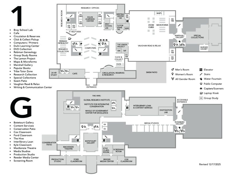 Floorplans for the ground and first floors of Swem Library