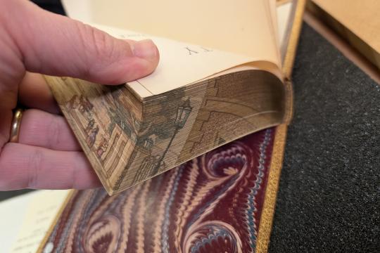 corner of a fore edge painting revealed by fanning the book pages