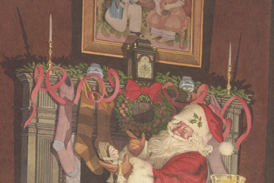 Illustration of Santa Claus holding a doll in front of a decorated fireplace