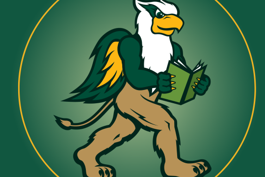 A griffon reading a book on a green background with a gold circle.