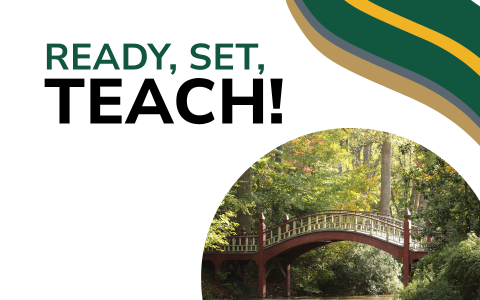 The words "Ready, Set, Teach!" next to a photo of the Crim Dell bridge