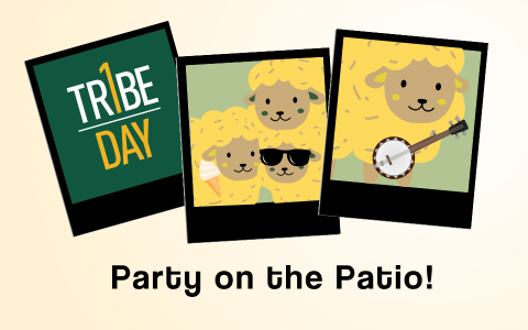 One Tribe One Day logo with polaroid illustrations of sheep and the message, Party on the Patio!