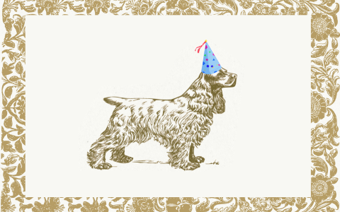 Ornate gold frame surrounding an illustration of a cocker spaniel wearing a birthday hat