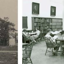 middle_history_-_swem_library Three photos, from left to right: Photo of the Library, students studying in the library, Earl Gregg Swem portrait.