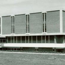 Three photos from left to right: three people placing the cornerstone of Swem Library, the exterior of Swem, and the circulation desk from the 1960s.