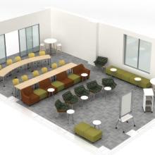 Example furniture setup with two rows of tables and a third row of soft seating