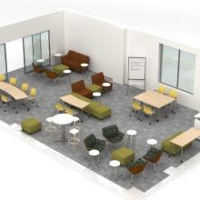 Example furniture setup with small groups of tables and chairs