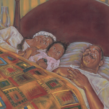 Illustration of a mother, father, and baby sleeping in bed under a colorful quilt.