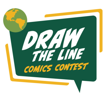Draw the Line Comics Contest Logo with a Globe. All in shades of yellow and green