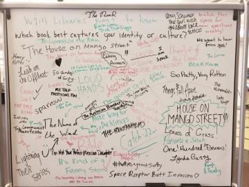 The whiteboard covered in answers responding to question: what book best captures your identity or culture?