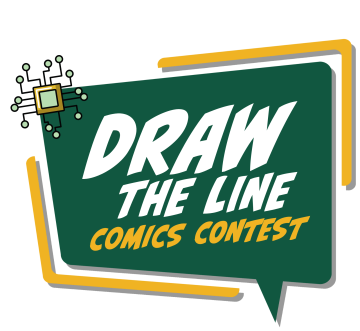 Draw the Line Comics Contest Logo with a Circuit. All in shades of yellow, green, blue and white.