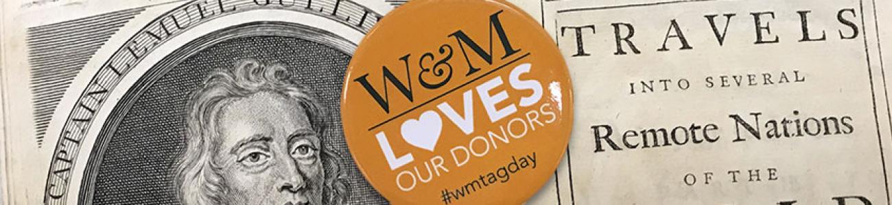 Opened book from Special Collections with a button reading "W&M loves our donors"