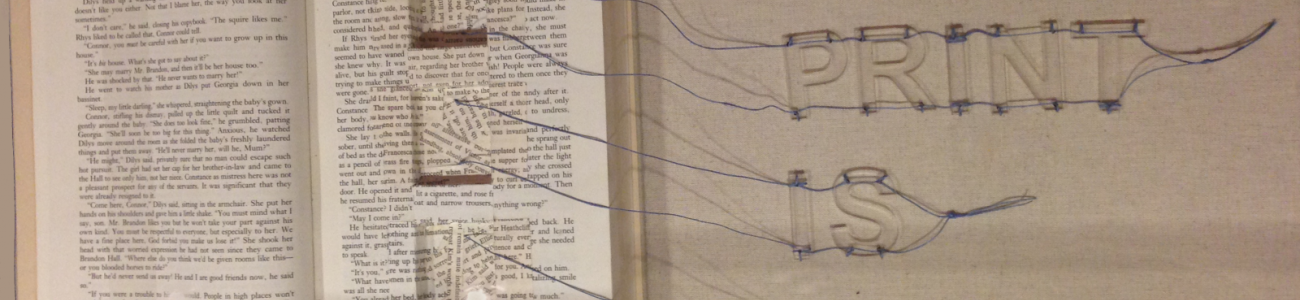 Open book with three square sections cut out. Strings from the cut-outs spell the words Print is Dead