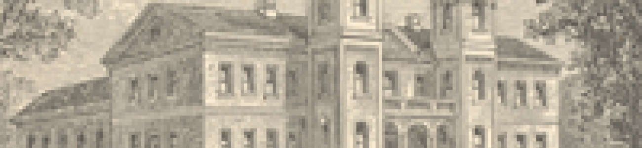 Illustration of the Wren building with two three-story towers on one side