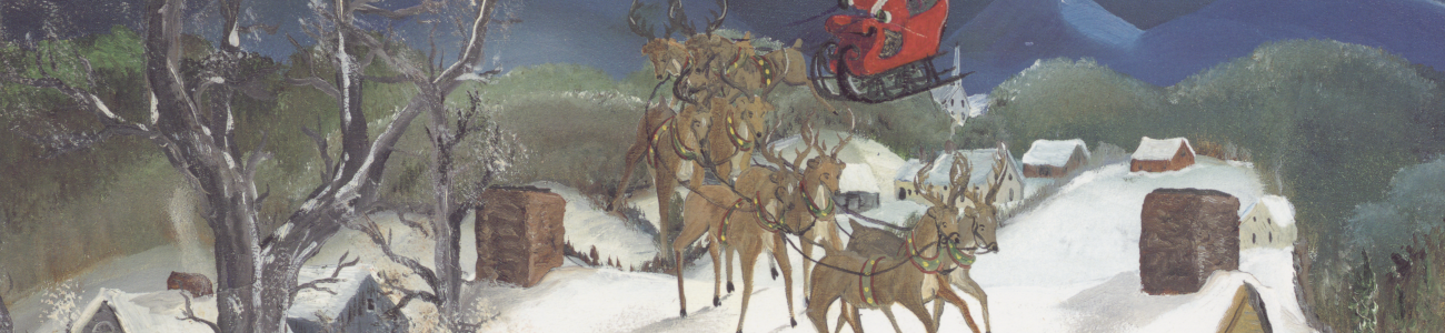 Santa Claus and his reindeer land on a snowy roof