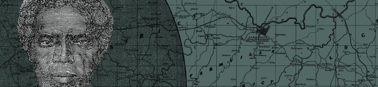 Historical engraving of a Black man's face overlaid on a historical map