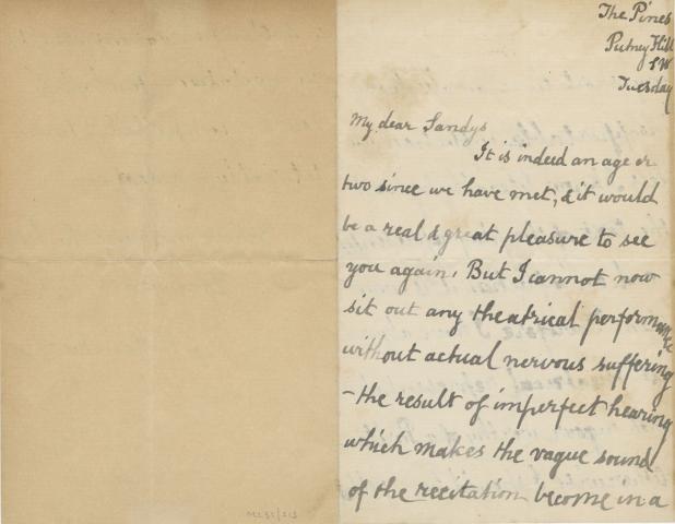 The front of a letter written by Swinburne to Frederick Sandys, an English painter from the Pre-Raphaelite circle.
