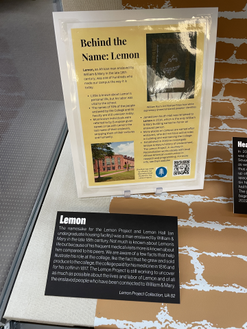 Informational flyer about Lemon, a man enslaved by William & Mary and the namesake of the Lemon Project