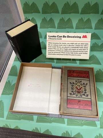 Exhibit case with books for Library Preservation Week