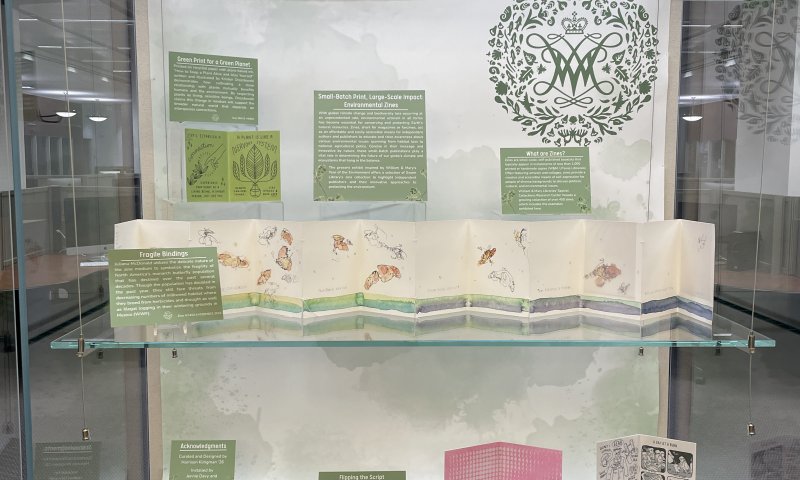 Installed exhibit case with environmental zines