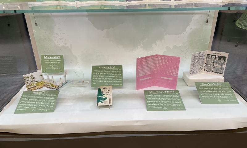 Four environmental-related zines in exhibit case