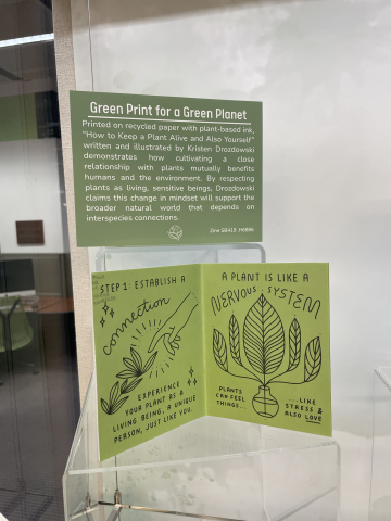 Interior pages of a zine with line art of a person touching a plant and a plant rooting in a vase of water on green paper