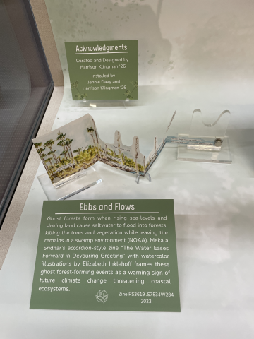 Cutout, accordian folded zine with a watercolor illustration of a ghost forest