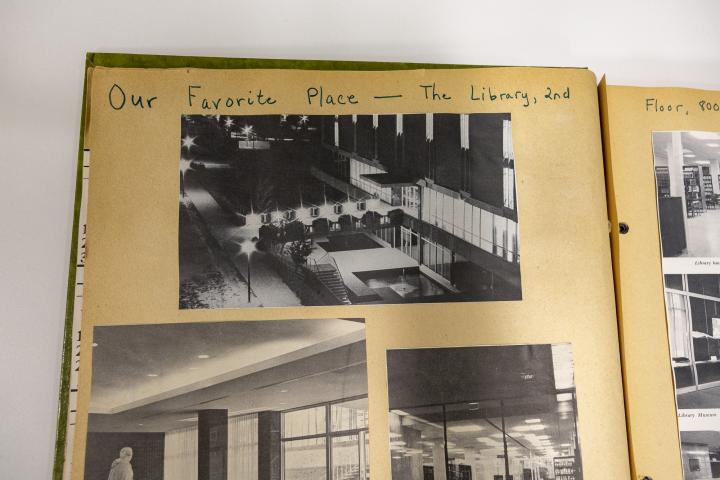 A page from Glenna's scrapbook that reads, "Our favorite place - the library, 2nd floor.
