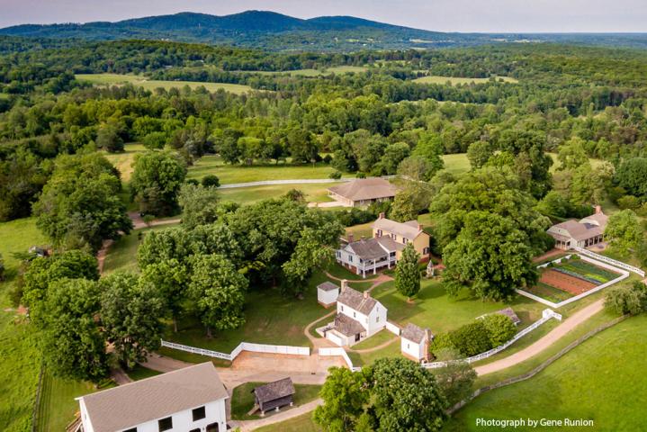 aerial view of former plantation named Highland in the early spring Green trees and rolling hills