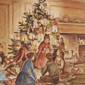 Illustration of children in front of a Christmas tree