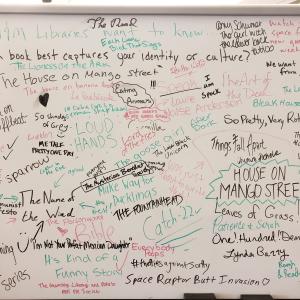White board with student suggestions of books