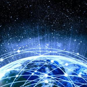 High tech illustration of earth enveloped in a web of network points