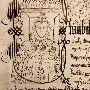 Manuscript with illustration of the Queen of England and the words "Vivat Regina," or Long Live the Queen