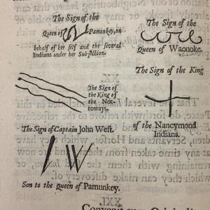 Signatures of the Queen of the Pamunkey, the Queen of Waonoke, the King of the Nansemond, and the son of the queen of the Pamunkey