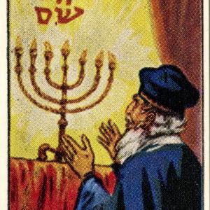Close up of the menorah in the "Jewish Life in Many Lands" trading card that depicts the miracle of Hanukkah