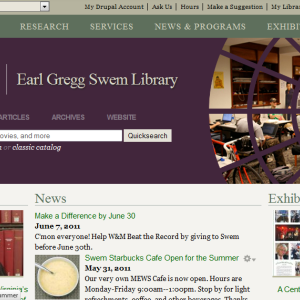 Screenshot of the new library website featuring graphical elements that reflect the Swem window