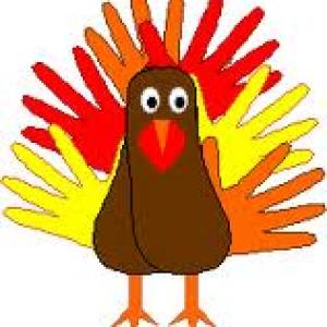 Cartoon turkey with feathers made of hand prints