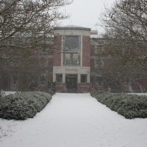 Swem library in the snow