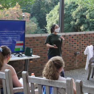 Library Ambassadors meeting outside on the Conservation Patio