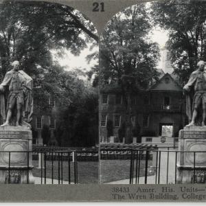 Stereoview of Lord Botetourt statue in front of the Wren Building