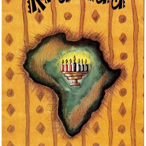 Kwanzaa greeting card. A fully lit Kinara superimposed upon an image of Africa