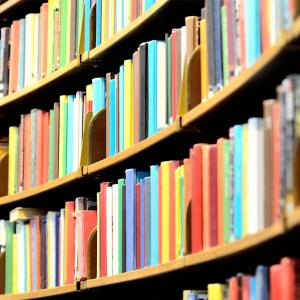 Curved shelves of books