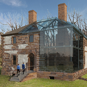 Menokin house with glass structure built to help preserve the brick building