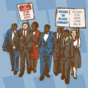 Illustration of a diverse group of people with placards relating to unity and community.