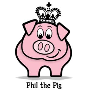 Pink cartoon pig with a crown and the words "Phil the Pig"