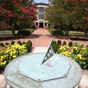 Sundial surrounded by yellow flowers with Swem library in the background