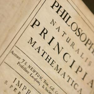 Closeup of the title page of Isaac Newton's Principia