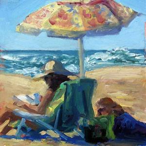 Impressionistic painting of a person sitting on a beach under an umbrella reading a book